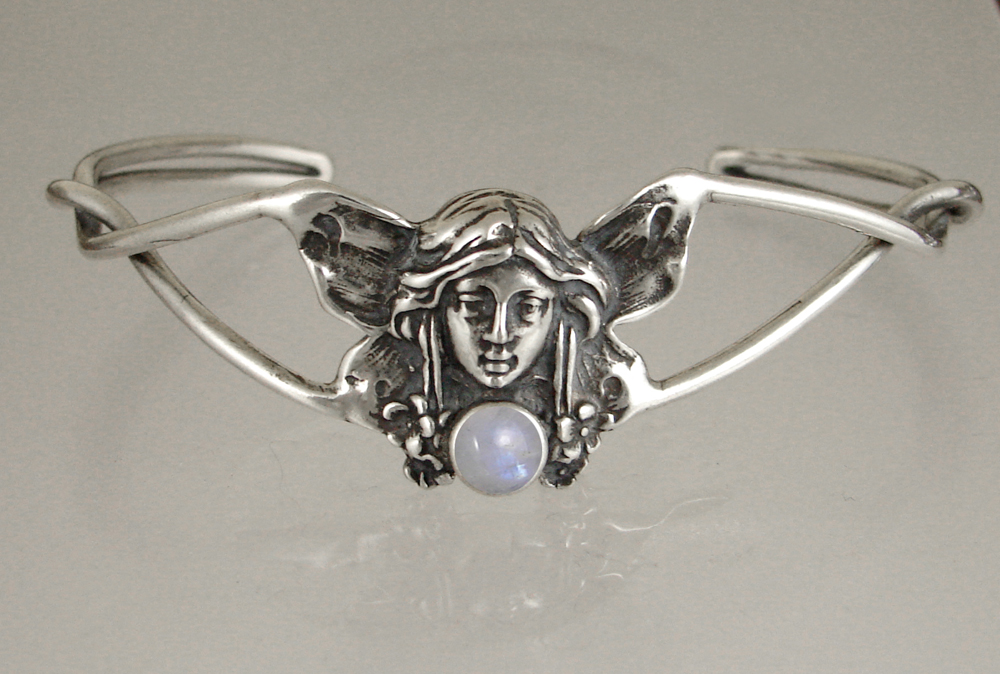 Sterling Silver Victorian Fairy Cuff Bracelet With Rainbow Moonstone